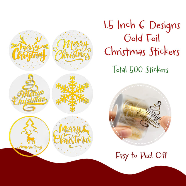 Wrapables 1.5 Inch Gold Foil Christmas Sticker Label Roll, Holiday Stickers for Sealing Cards, Envelopes, Gift Boxes (500pcs), Festive Christmas