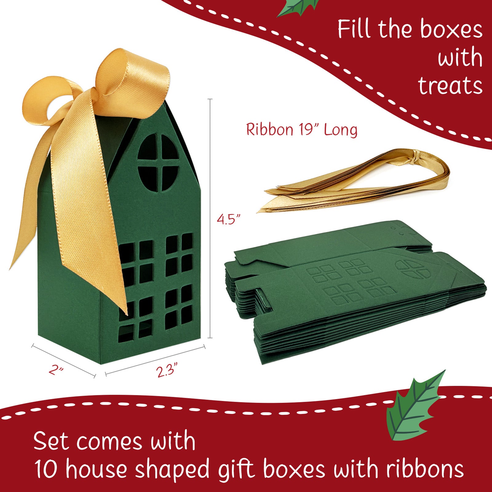 Wrapables Festive Christmas House Shaped Gift Boxes with Ribbons for Weddings, Housewarming, Cookies, Candies, Treats, Party Favors