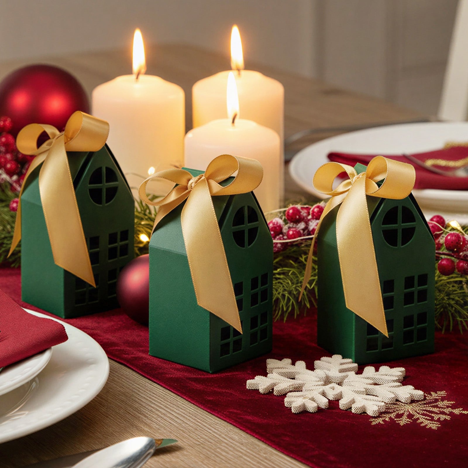 Wrapables Festive Christmas House Shaped Gift Boxes with Ribbons for Weddings, Housewarming, Cookies, Candies, Treats, Party Favors