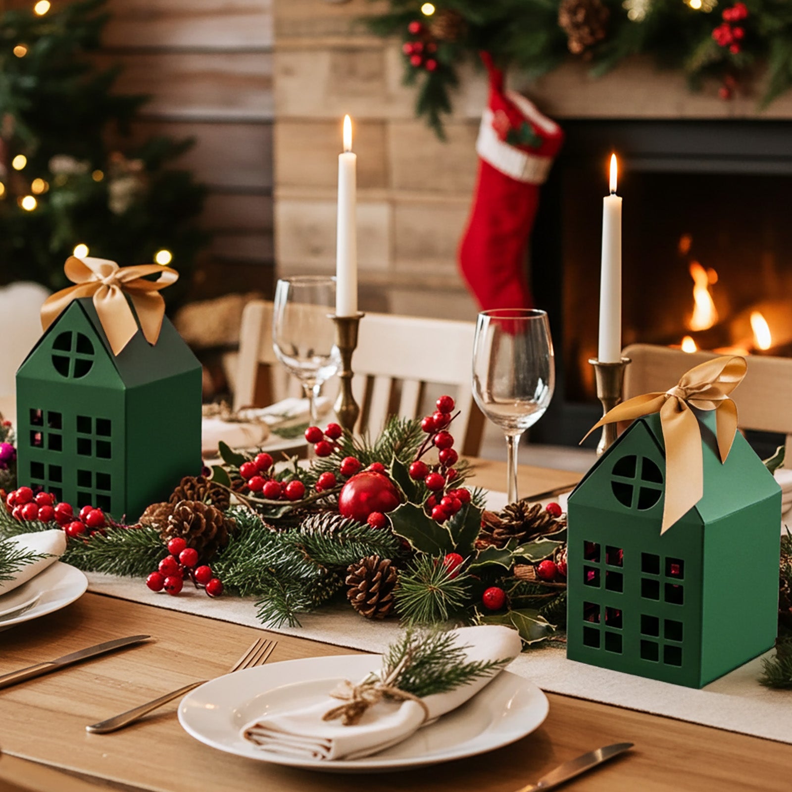 Wrapables Festive Christmas House Shaped Gift Boxes with Ribbons for Weddings, Housewarming, Cookies, Candies, Treats, Party Favors