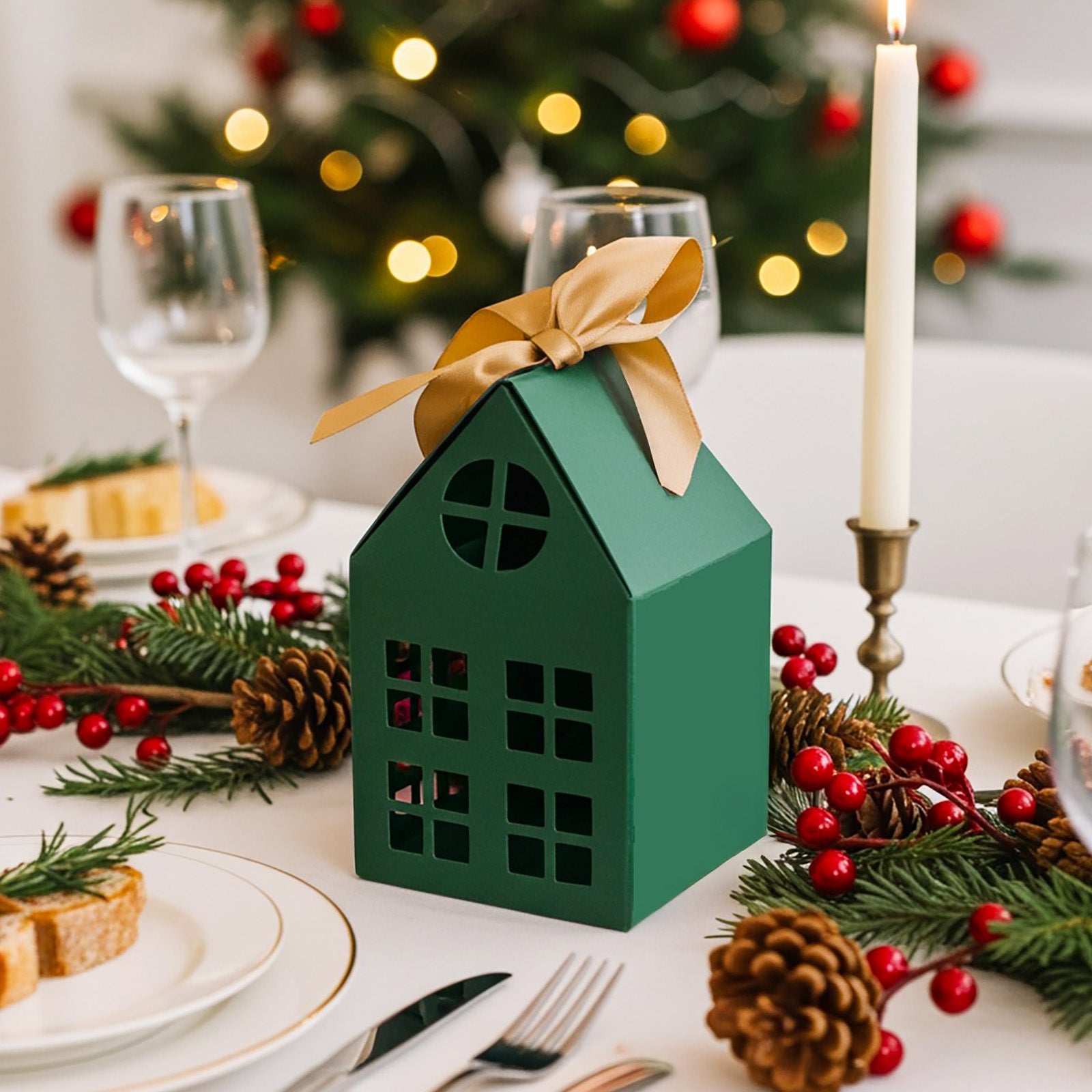 Wrapables Festive Christmas House Shaped Gift Boxes with Ribbons for Weddings, Housewarming, Cookies, Candies, Treats, Party Favors