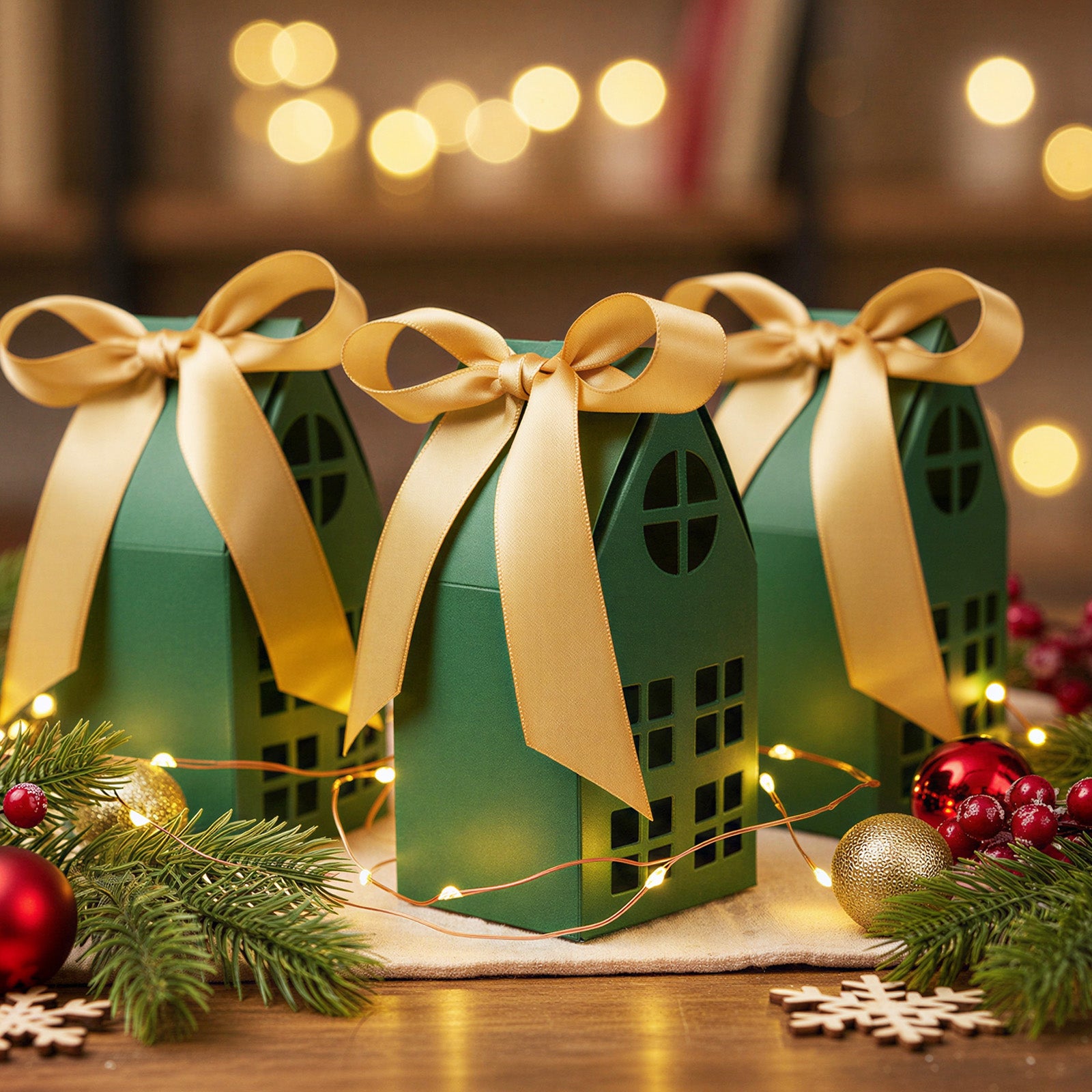 Wrapables Festive Christmas House Shaped Gift Boxes with Ribbons for Weddings, Housewarming, Cookies, Candies, Treats, Party Favors