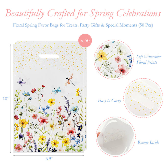 Wrapables Floral Spring Gift Bags for Party Favors, Candy, Cookies, Treats, Gifts, Birthday Parties, Weddings, Baby Shower, and Mothers Day (50pcs)