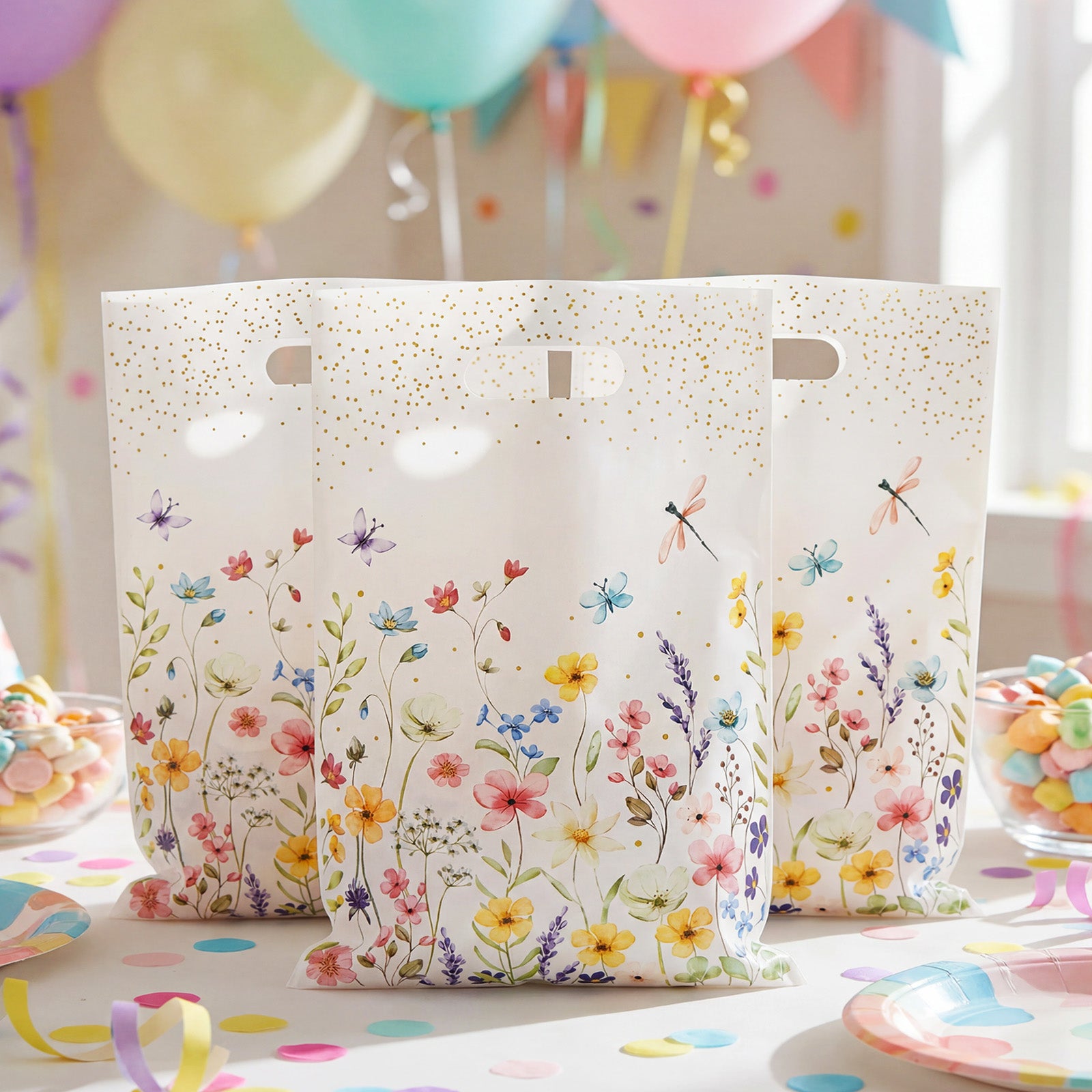 Wrapables Floral Spring Gift Bags for Party Favors, Candy, Cookies, Treats, Gifts, Birthday Parties, Weddings, Baby Shower, and Mothers Day (50pcs)