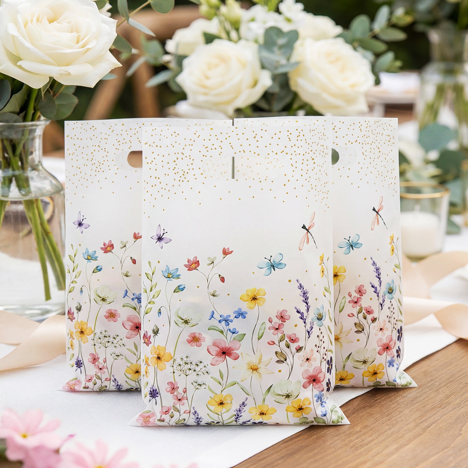 Wrapables Floral Spring Gift Bags for Party Favors, Candy, Cookies, Treats, Gifts, Birthday Parties, Weddings, Baby Shower, and Mothers Day (50pcs)