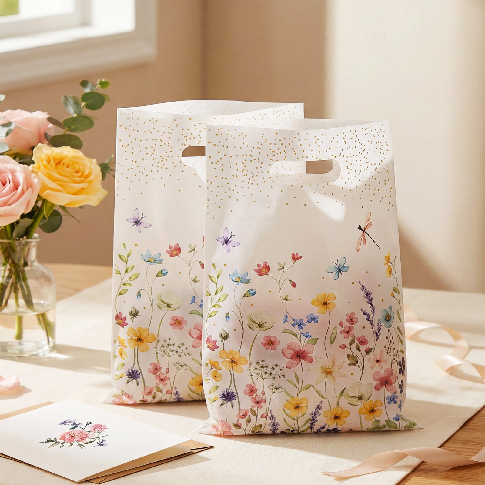 Wrapables Floral Spring Gift Bags for Party Favors, Candy, Cookies, Treats, Gifts, Birthday Parties, Weddings, Baby Shower, and Mothers Day (50pcs)