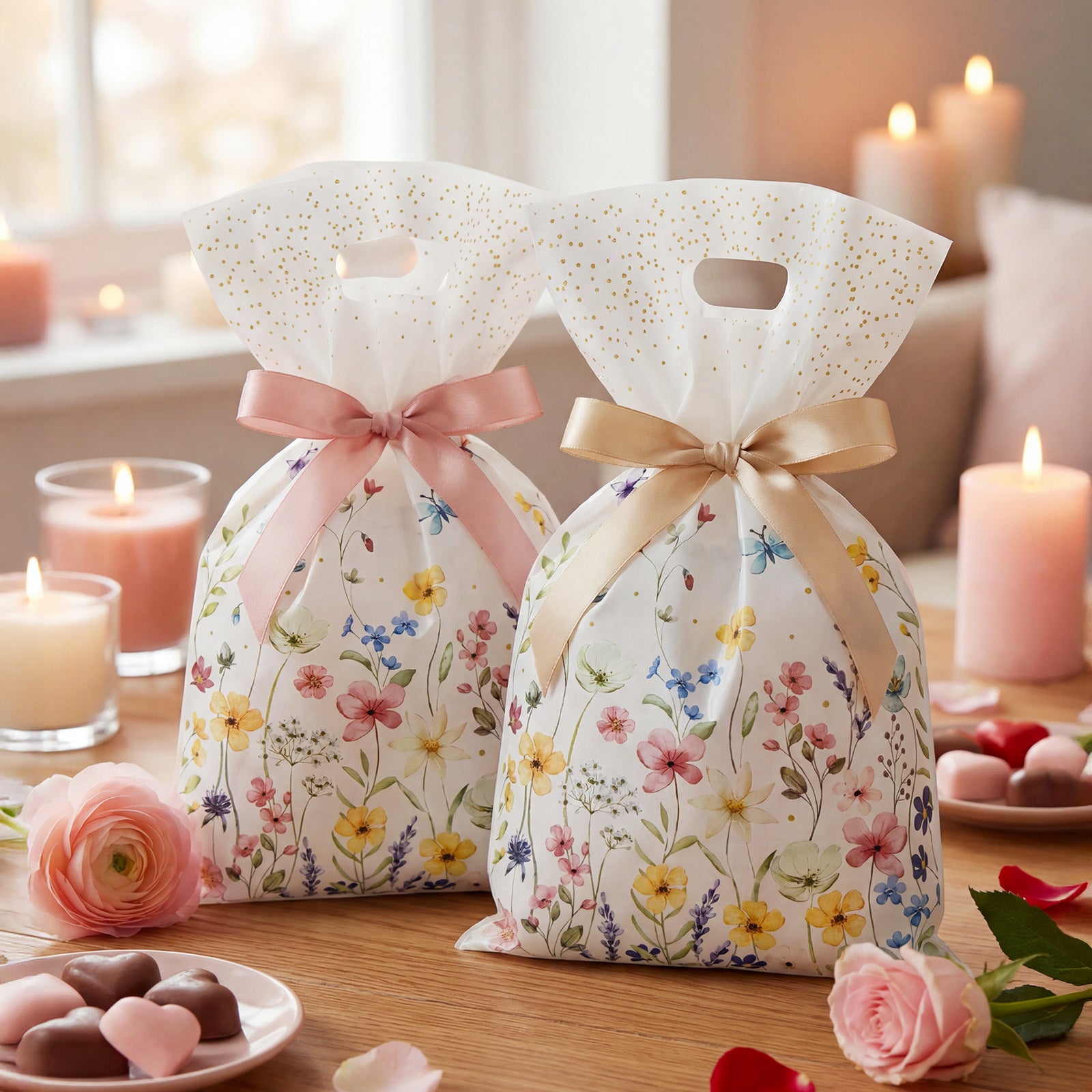 Wrapables Floral Spring Gift Bags for Party Favors, Candy, Cookies, Treats, Gifts, Birthday Parties, Weddings, Baby Shower, and Mothers Day (50pcs)