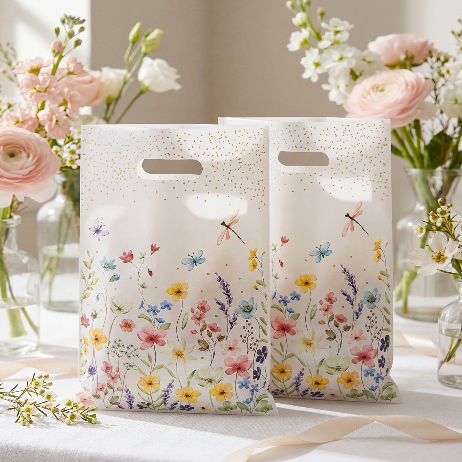 Wrapables Floral Spring Gift Bags for Party Favors, Candy, Cookies, Treats, Gifts, Birthday Parties, Weddings, Baby Shower, and Mothers Day (50pcs)