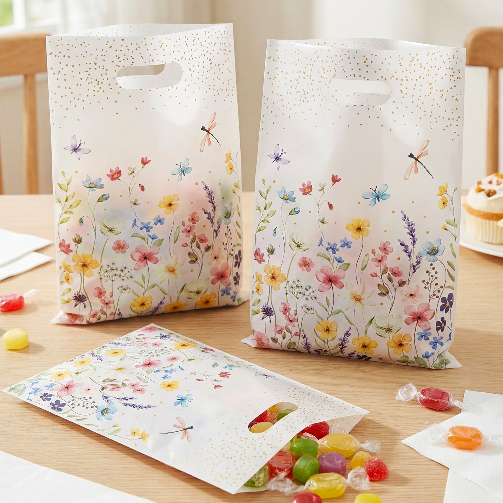 Wrapables Floral Spring Gift Bags for Party Favors, Candy, Cookies, Treats, Gifts, Birthday Parties, Weddings, Baby Shower, and Mothers Day (50pcs)