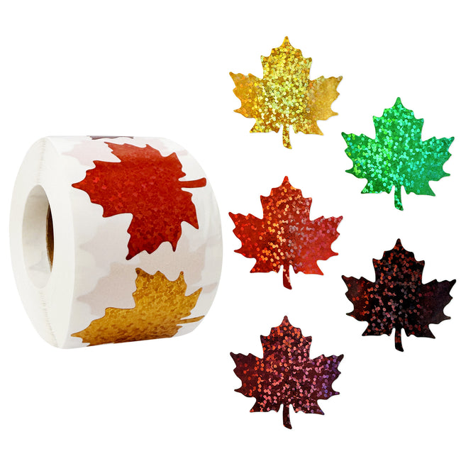 Wrapables Holographic Fall and Thanksgiving Sticker Roll for Sealing Envelopes, Gift Boxes, Journal, Autumn Party Decor (500pcs), Maple Leaf