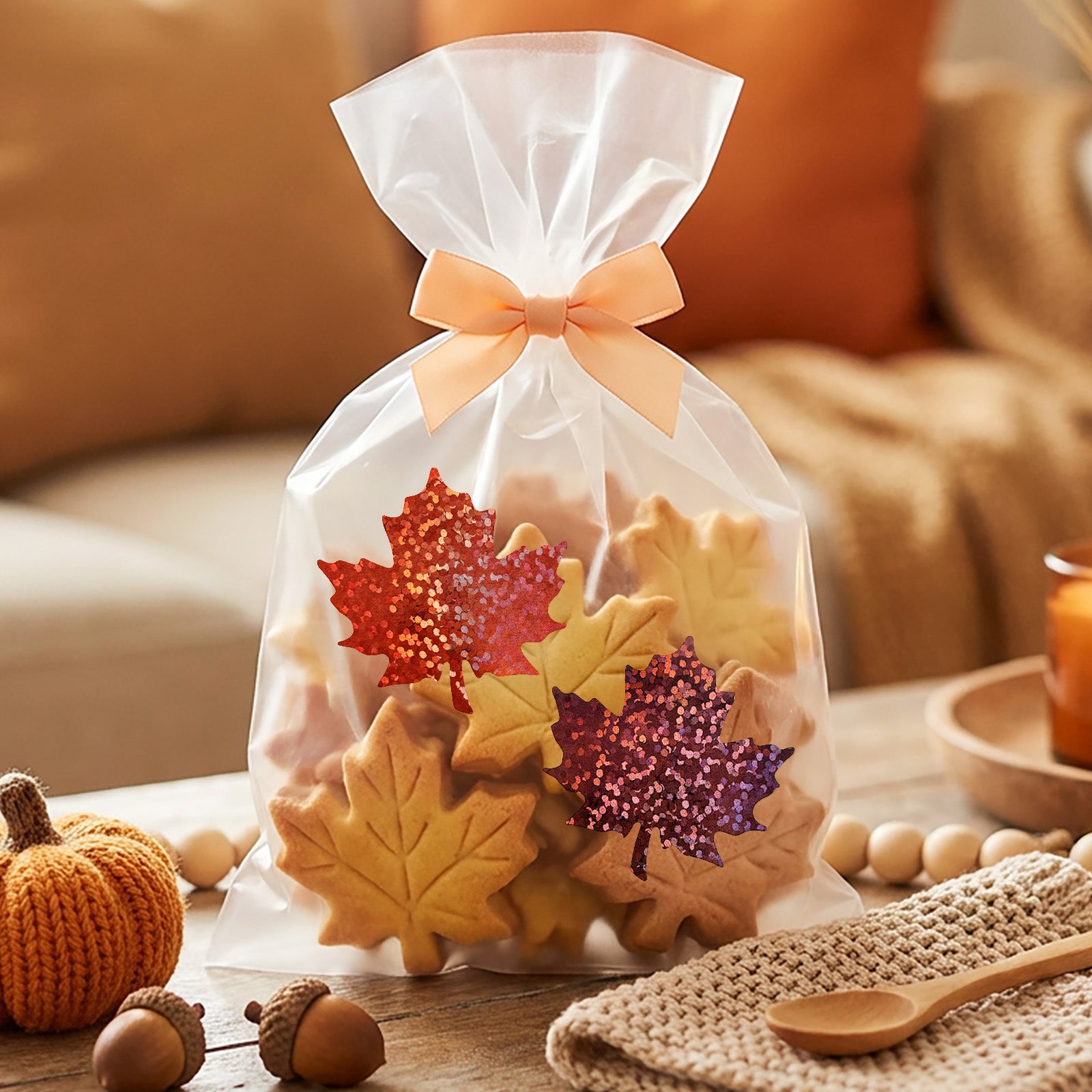 Wrapables Holographic Fall and Thanksgiving Sticker Roll for Sealing Envelopes, Gift Boxes, Journal, Autumn Party Decor (500pcs), Maple Leaf