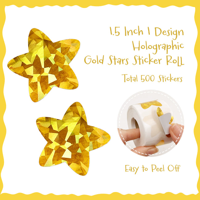 Wrapables 1.5 Inch Holographic Sticker Roll, for Sealing Envelopes, Gift Boxes, Journal, Party Decor and Supplies (500pcs), Gold Stars