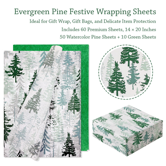 Wrapables 60 Sheets Christmas Tissue Paper, Watercolor Christmas Pine Trees Holiday Gift Wrap 14 x 20 inches