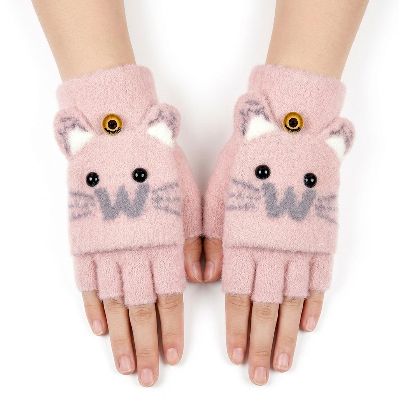 Wrapables Winter Warm Cute Cat Fingerless Gloves for Girls, Convertible Flip Top Half Finger Mittens