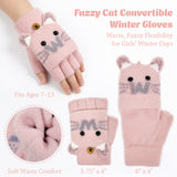 Wrapables Winter Warm Cute Cat Fingerless Gloves for Girls, Convertible Flip Top Half Finger Mittens