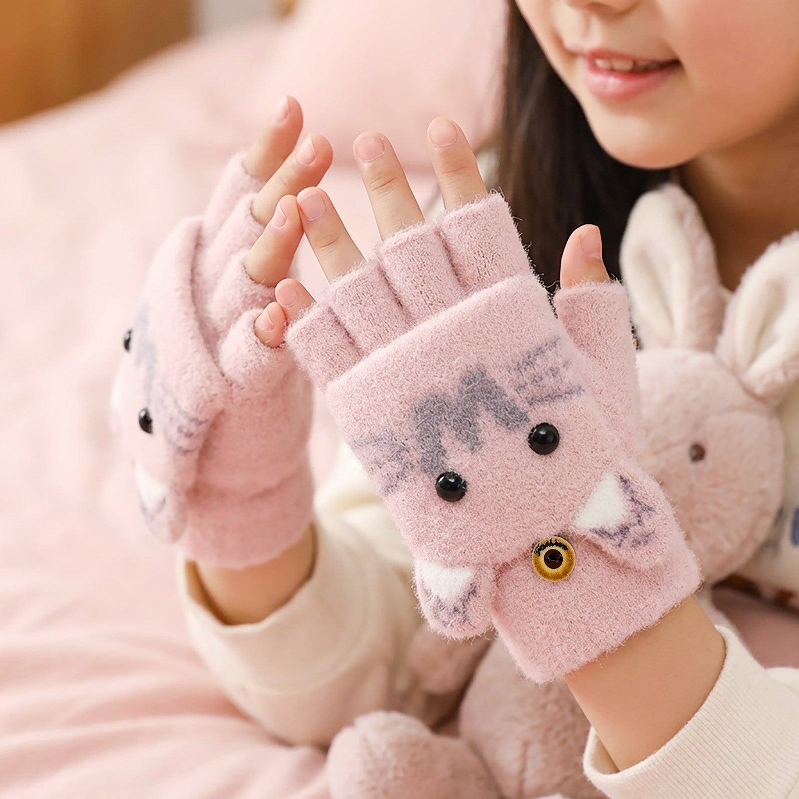 Wrapables Winter Warm Cute Cat Fingerless Gloves for Girls, Convertible Flip Top Half Finger Mittens