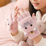 Wrapables Winter Warm Cute Cat Fingerless Gloves for Girls, Convertible Flip Top Half Finger Mittens