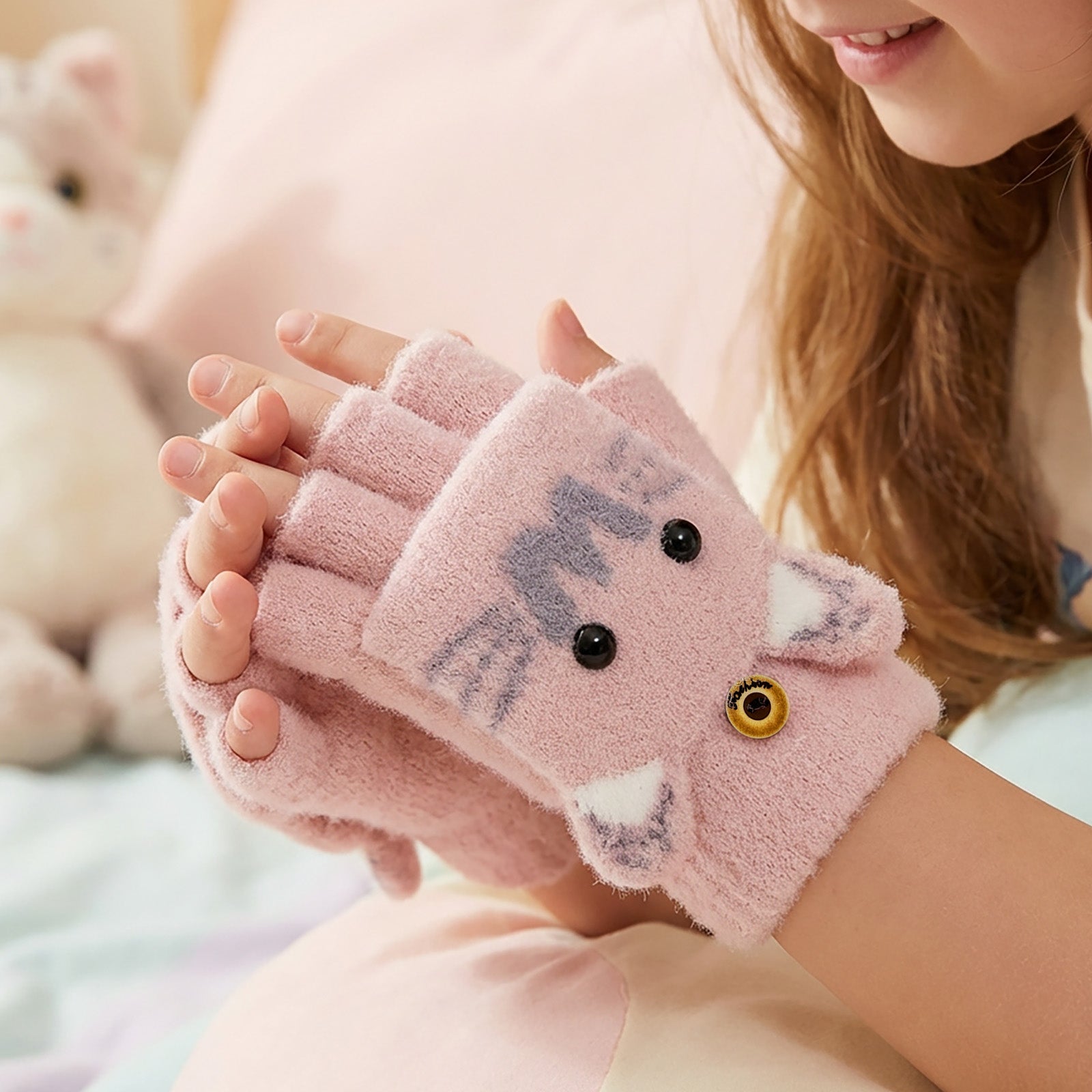 Wrapables Winter Warm Cute Cat Fingerless Gloves for Girls, Convertible Flip Top Half Finger Mittens