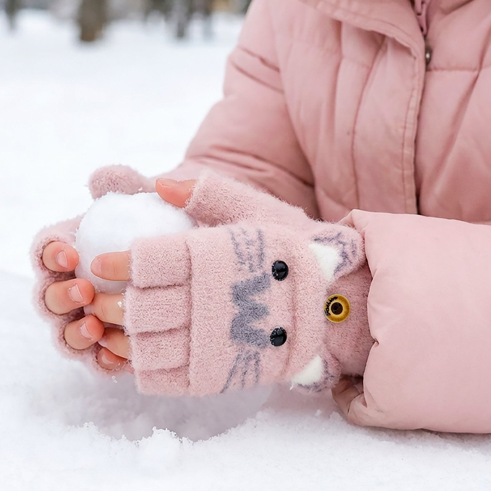 Wrapables Winter Warm Cute Cat Fingerless Gloves for Girls, Convertible Flip Top Half Finger Mittens