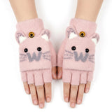 Wrapables Winter Warm Cute Cat Fingerless Gloves for Girls, Convertible Flip Top Half Finger Mittens