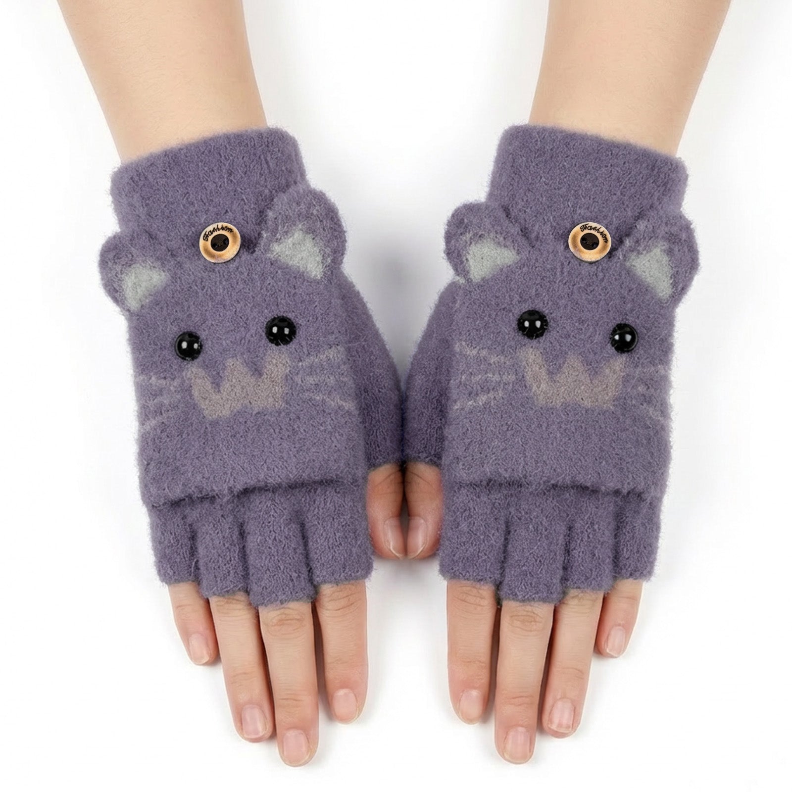 Wrapables Winter Warm Cute Cat Fingerless Gloves for Girls, Convertible Flip Top Half Finger Mittens
