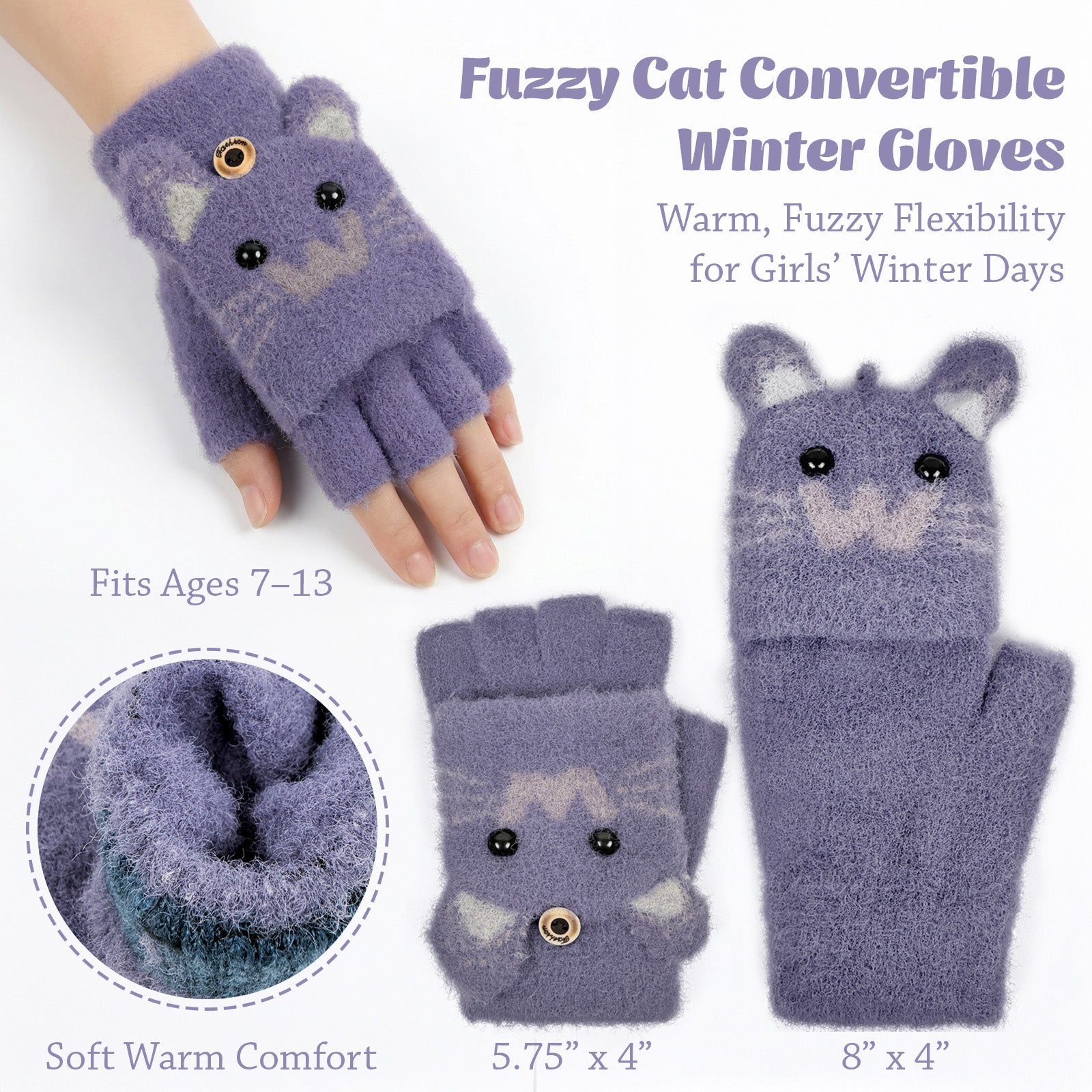 Wrapables Winter Warm Cute Cat Fingerless Gloves for Girls, Convertible Flip Top Half Finger Mittens