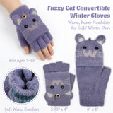 Wrapables Winter Warm Cute Cat Fingerless Gloves for Girls, Convertible Flip Top Half Finger Mittens
