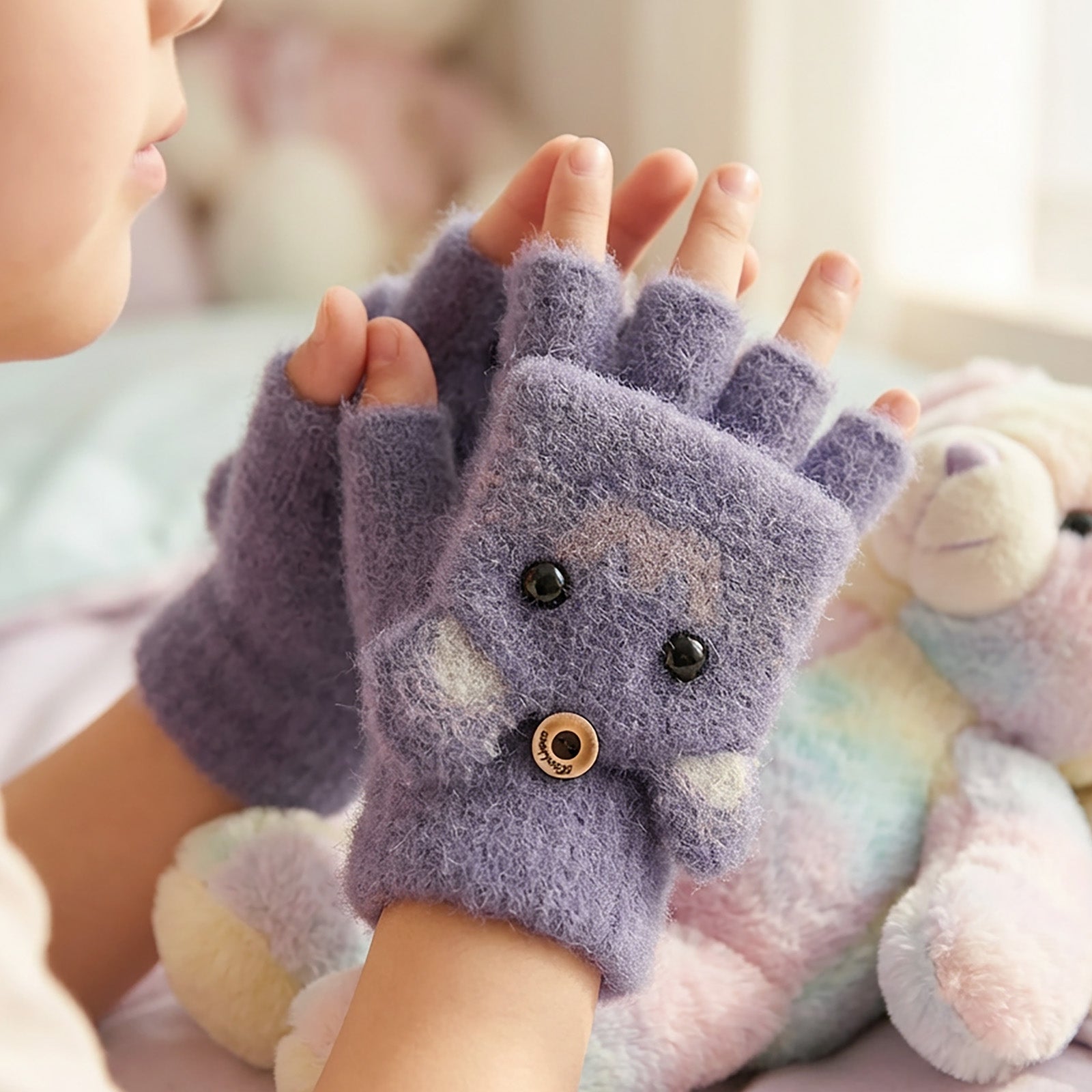 Wrapables Winter Warm Cute Cat Fingerless Gloves for Girls, Convertible Flip Top Half Finger Mittens