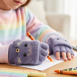 Wrapables Winter Warm Cute Cat Fingerless Gloves for Girls, Convertible Flip Top Half Finger Mittens