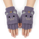 Wrapables Winter Warm Cute Cat Fingerless Gloves for Girls, Convertible Flip Top Half Finger Mittens