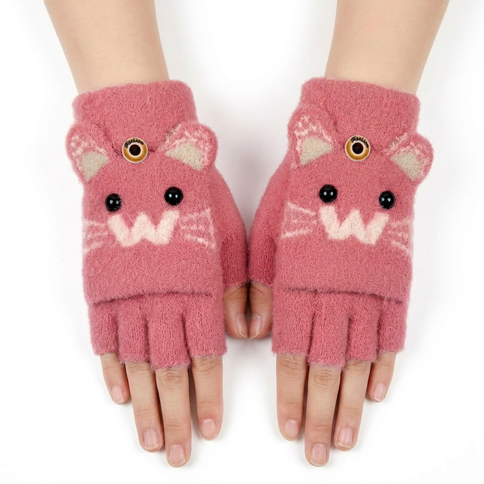 Wrapables Winter Warm Cute Cat Fingerless Gloves for Girls, Convertible Flip Top Half Finger Mittens