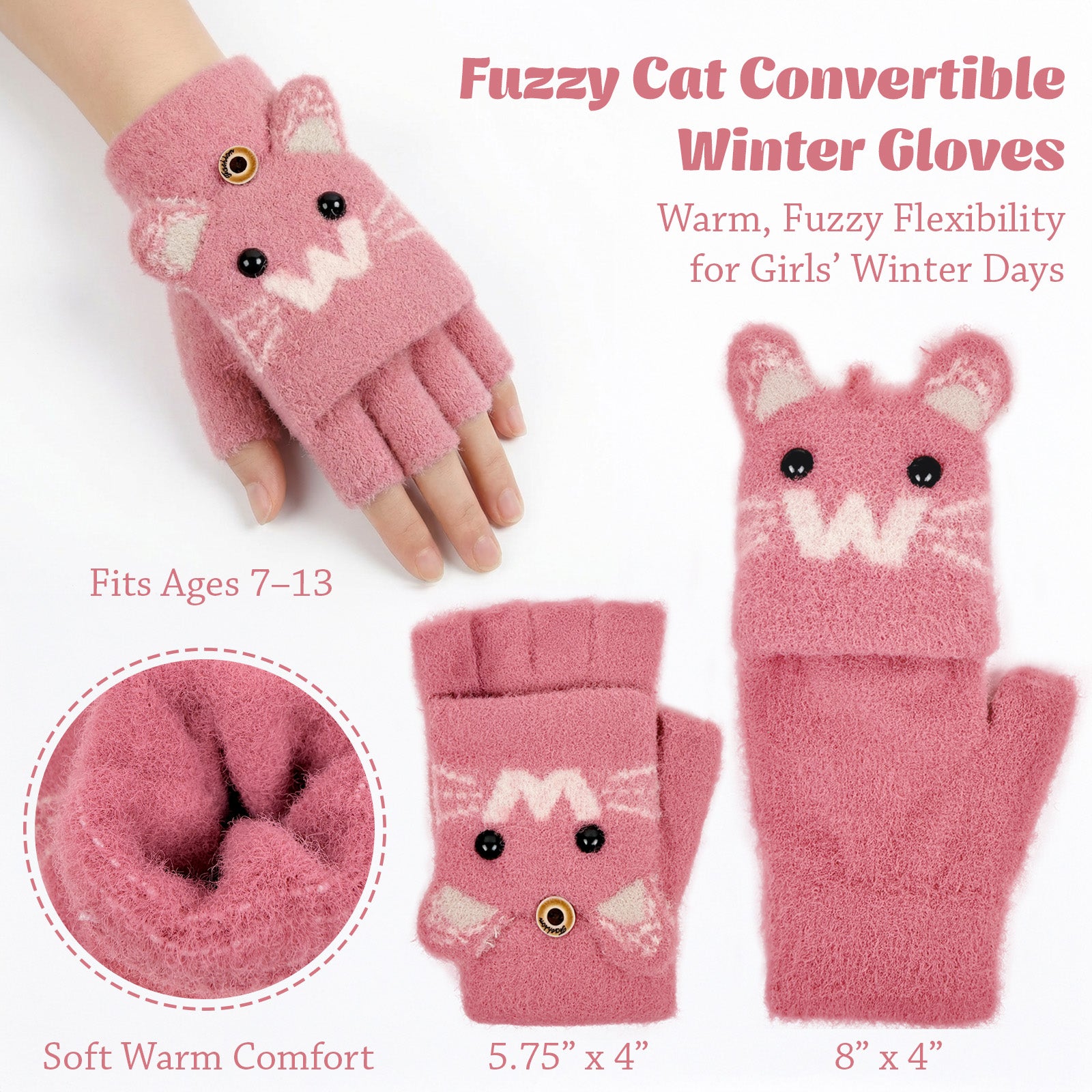 Wrapables Winter Warm Cute Cat Fingerless Gloves for Girls, Convertible Flip Top Half Finger Mittens