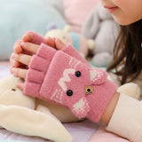 Wrapables Winter Warm Cute Cat Fingerless Gloves for Girls, Convertible Flip Top Half Finger Mittens