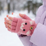 Wrapables Winter Warm Cute Cat Fingerless Gloves for Girls, Convertible Flip Top Half Finger Mittens