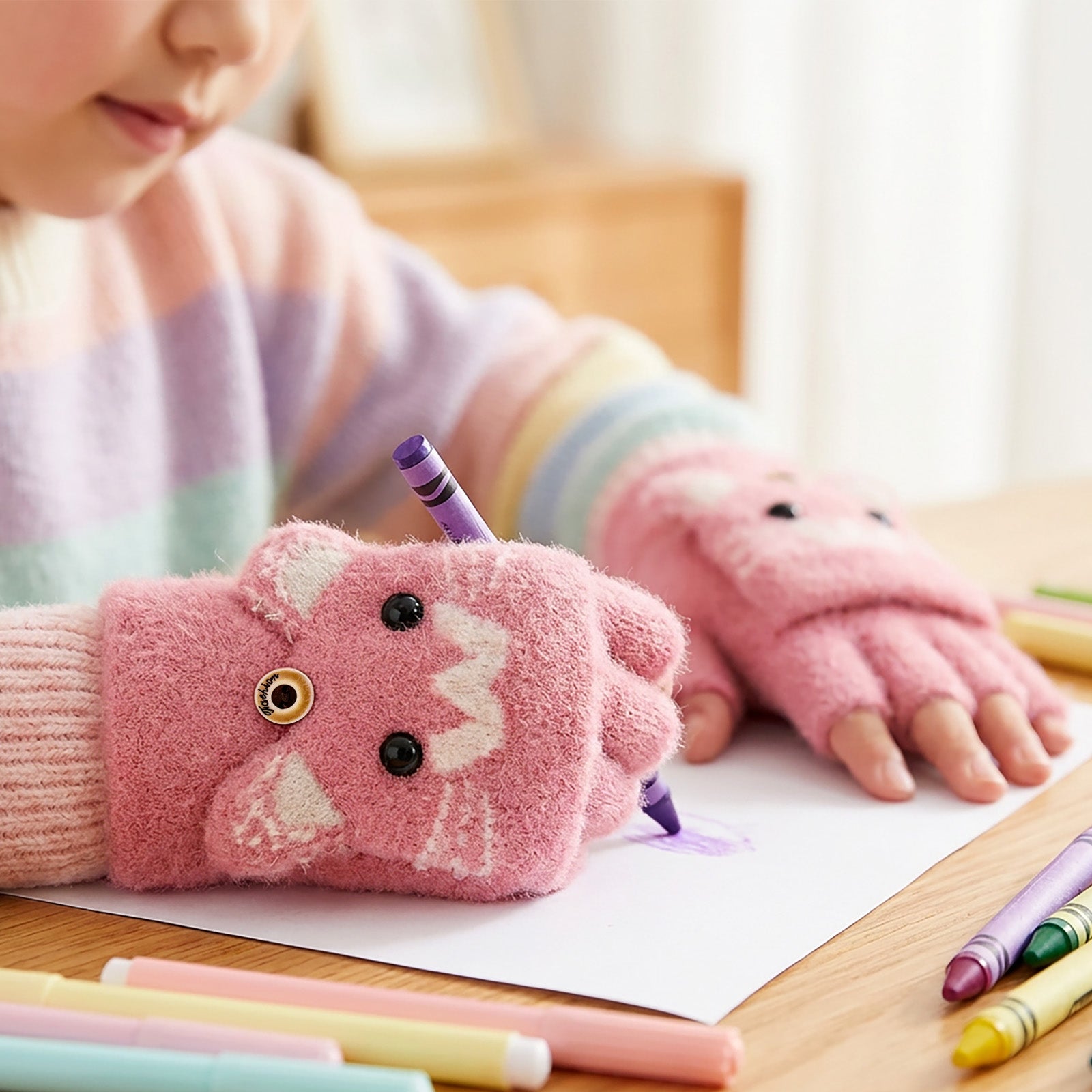 Wrapables Winter Warm Cute Cat Fingerless Gloves for Girls, Convertible Flip Top Half Finger Mittens