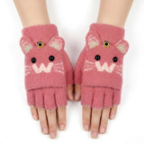 Wrapables Winter Warm Cute Cat Fingerless Gloves for Girls, Convertible Flip Top Half Finger Mittens