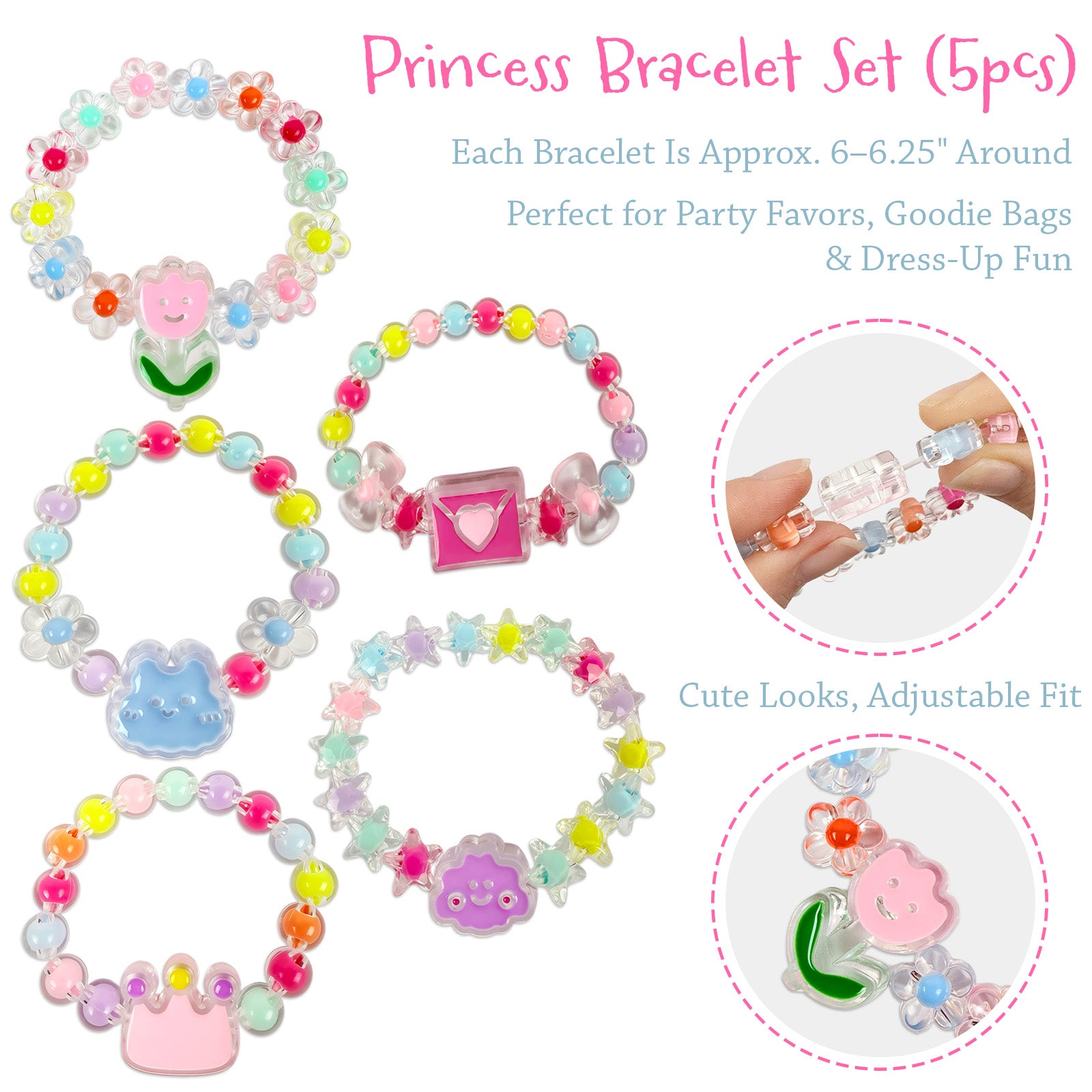 Wrapables Girls Princess Dress-Up Beaded Bracelet Jewelry for Party Favors, Goodie Bags, Birthday Parties (Set of 5)