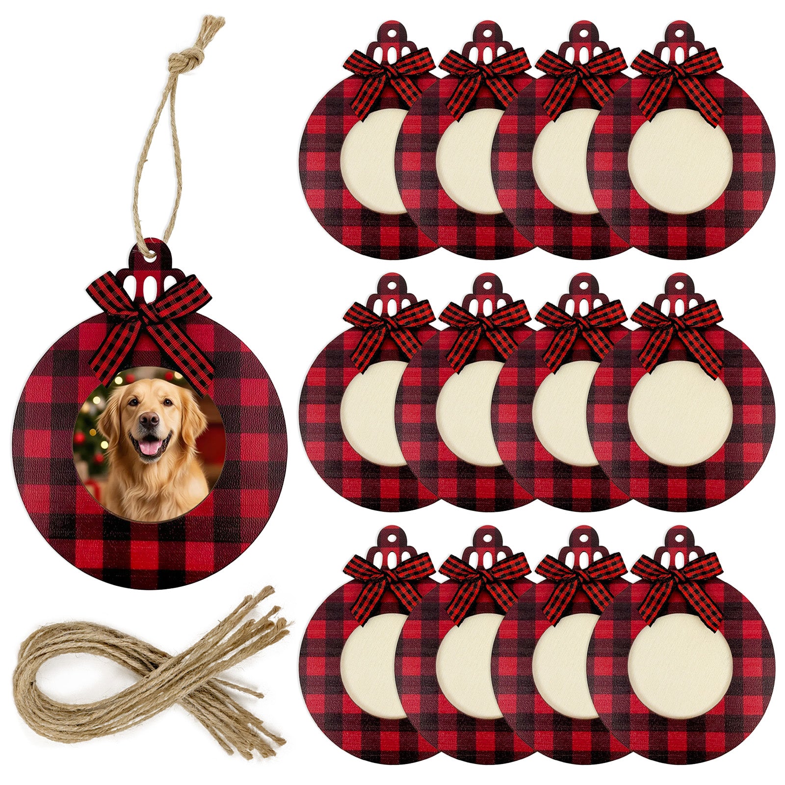 Wrapables Christmas Holiday Buffalo Plaid Wooden Photo Frame Ornaments with Jute String (Set of 12)