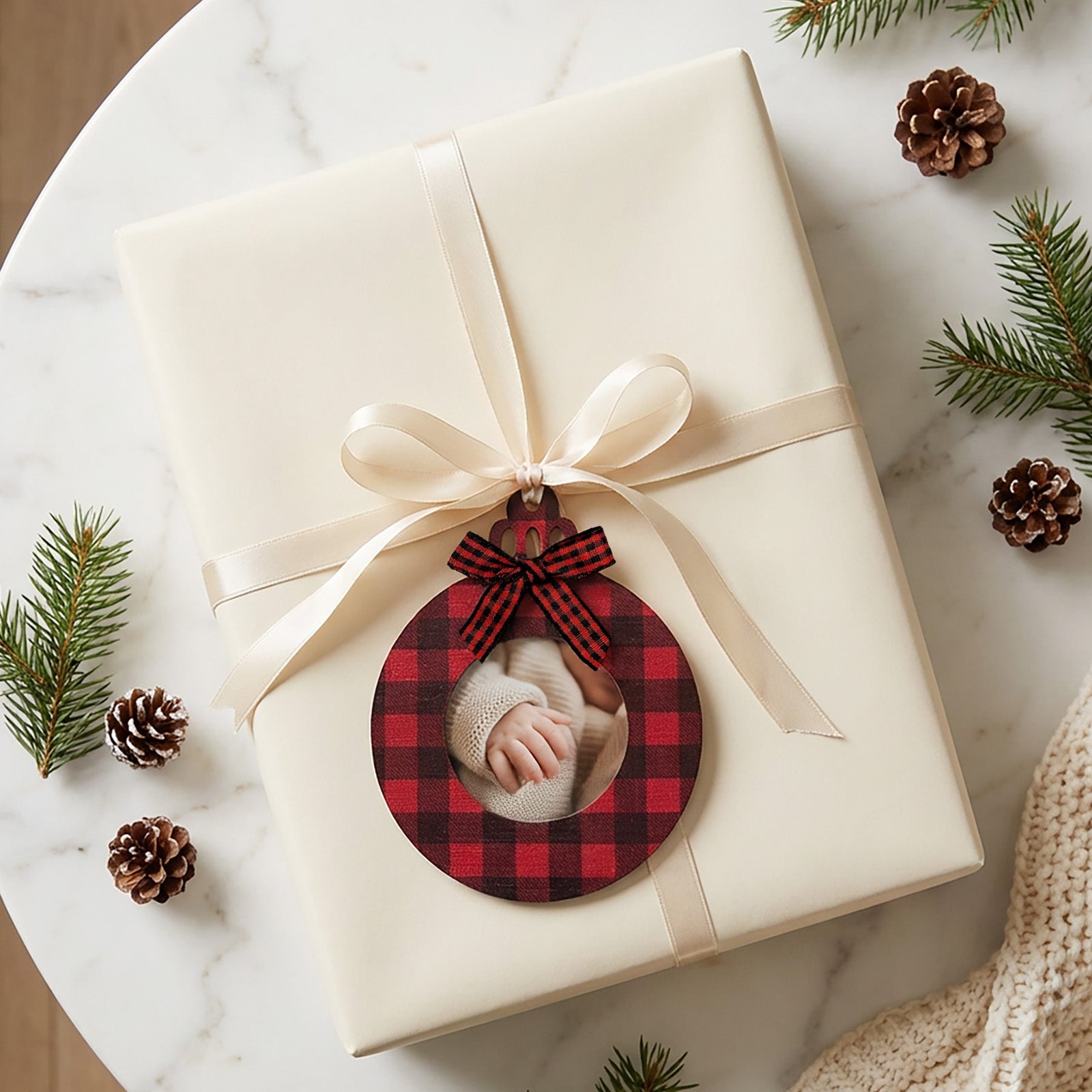 Wrapables Christmas Holiday Buffalo Plaid Wooden Photo Frame Ornaments with Jute String (Set of 12)