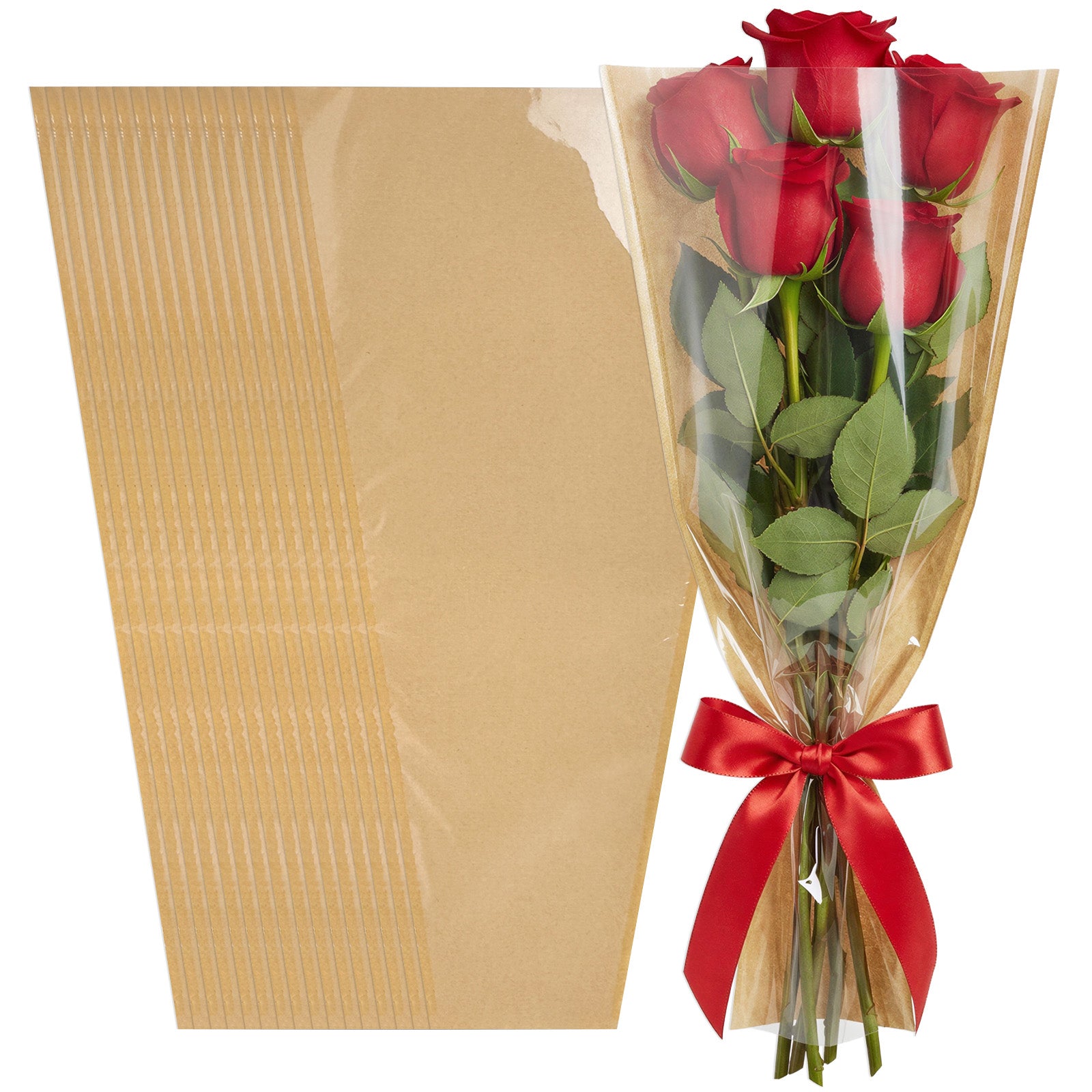 Wrapables Flower Bouquet Bags, Kraft Paper Floral Wrapping Sleeves for Valentines, Mothers Day, Weddings (50pcs)