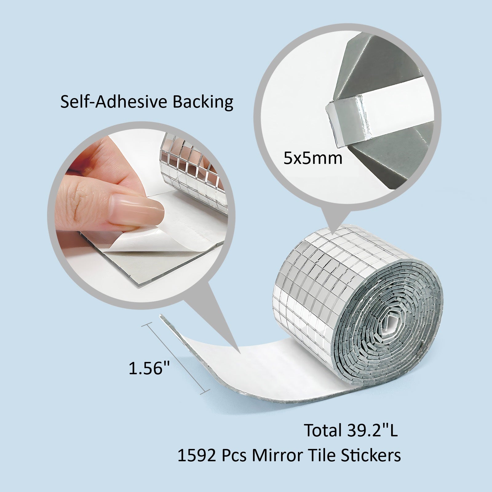 Wrapables 5mm x 5mm Self Adhesive Mosaic Glass Mirror Tile Stickers, 1592pcs for Arts and Crafts, Home Decoration, Silver
