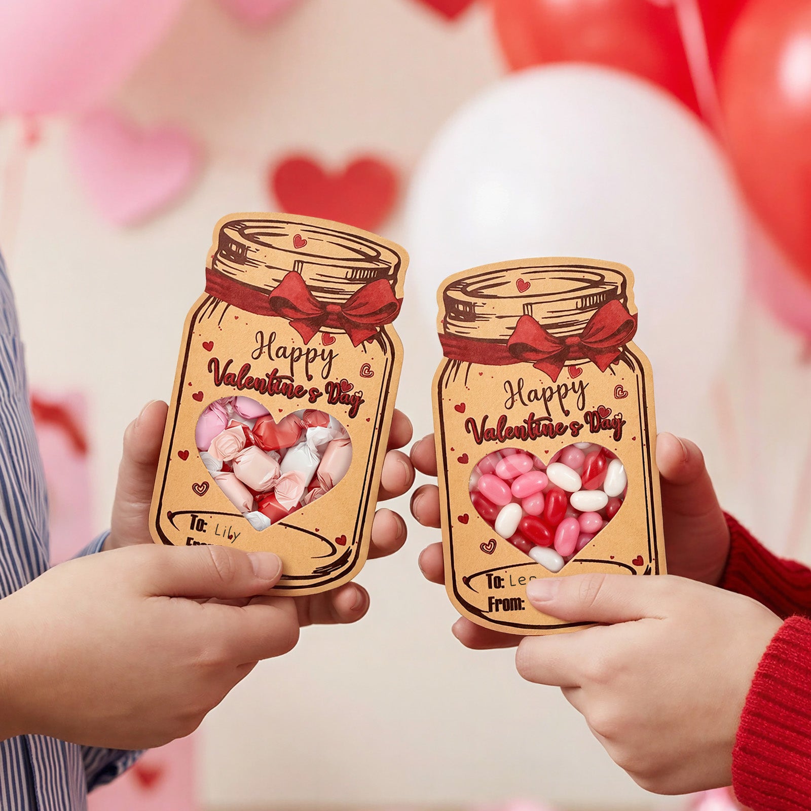 Wrapables 48pk Valentines Day Card Set, Mason Jar Happy Valentines Cards with Party Favor Bags (Candy Not Included)
