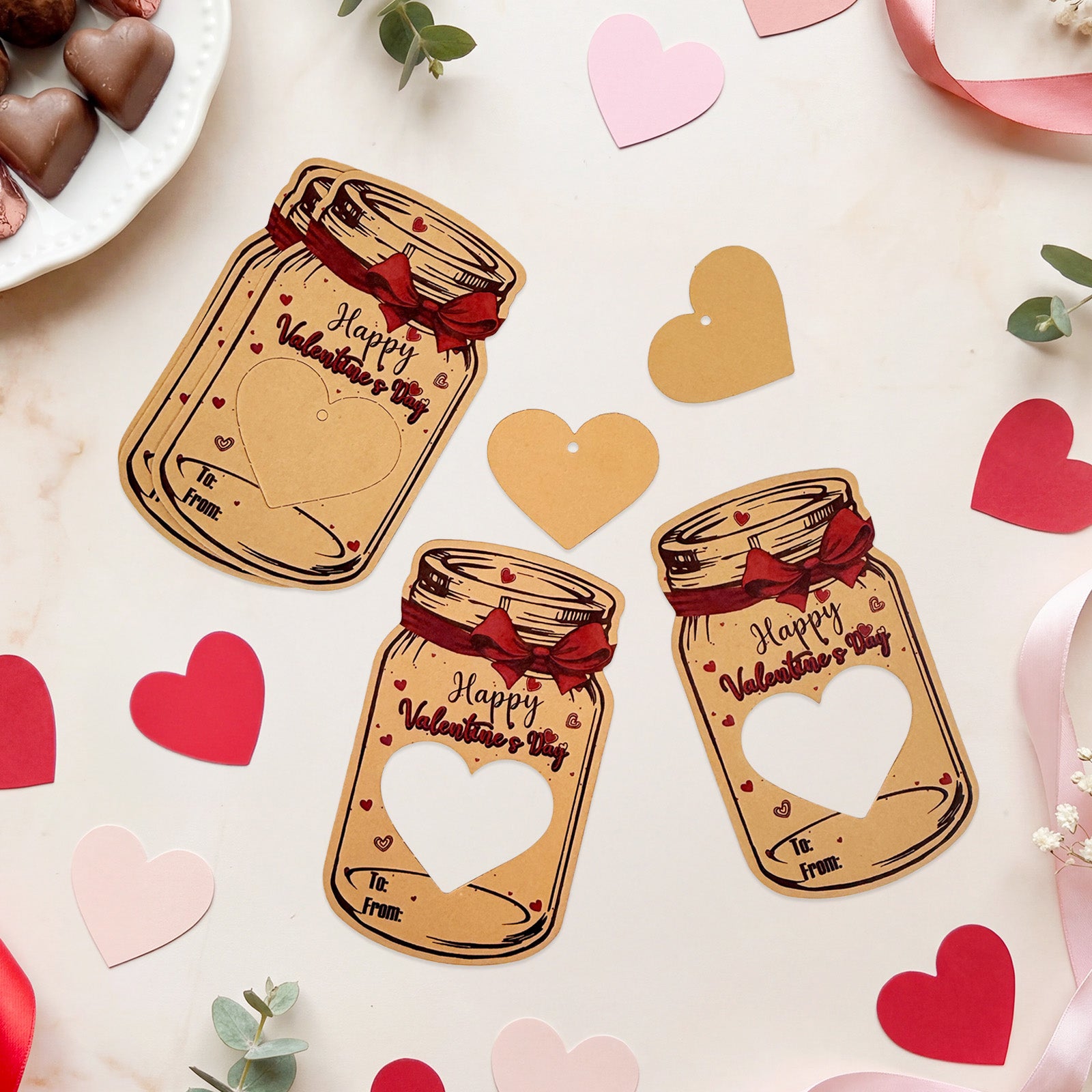 Wrapables 48pk Valentines Day Card Set, Mason Jar Happy Valentines Cards with Party Favor Bags (Candy Not Included)