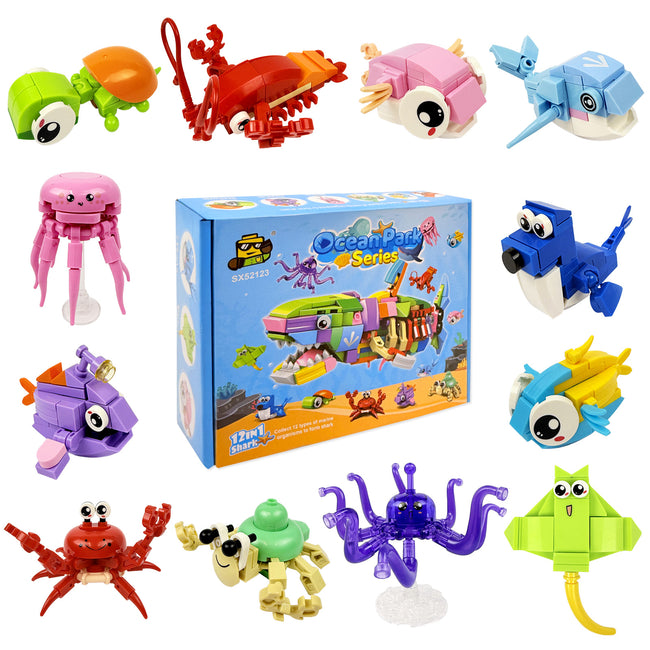 Wrapables Animal Building Blocks Set for Party Favors, Goodie Bag Stuffer, Stocking Stuffer (Set of 12), Ocean Park