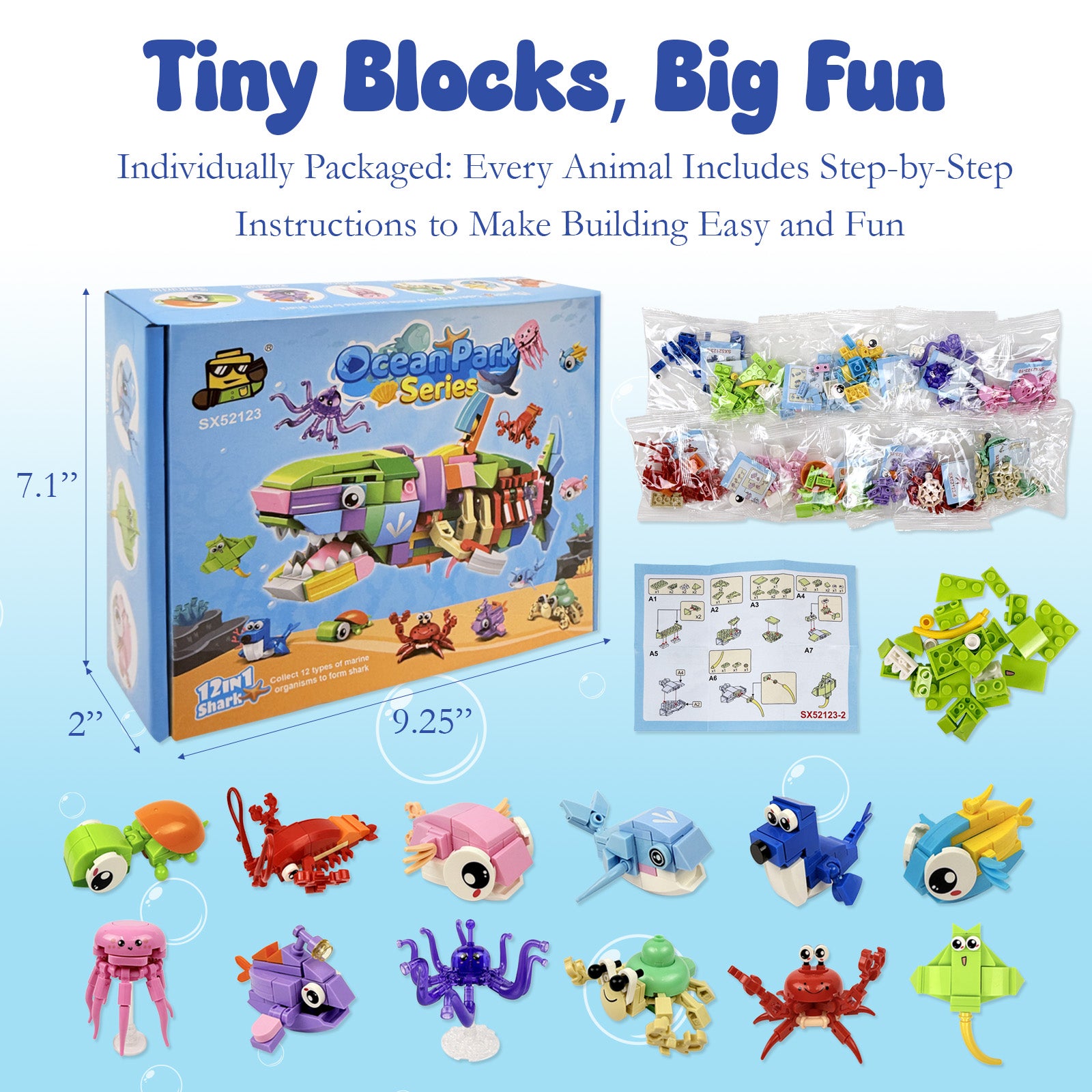 Wrapables Animal Building Blocks Set for Party Favors, Goodie Bag Stuffer, Stocking Stuffer (Set of 12), Ocean Park