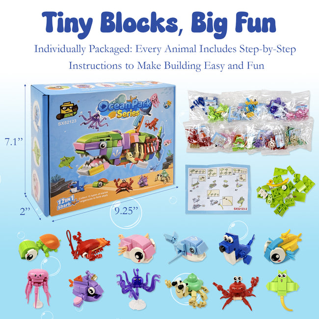 Wrapables Animal Building Blocks Set for Party Favors, Goodie Bag Stuffer, Stocking Stuffer (Set of 12), Ocean Park
