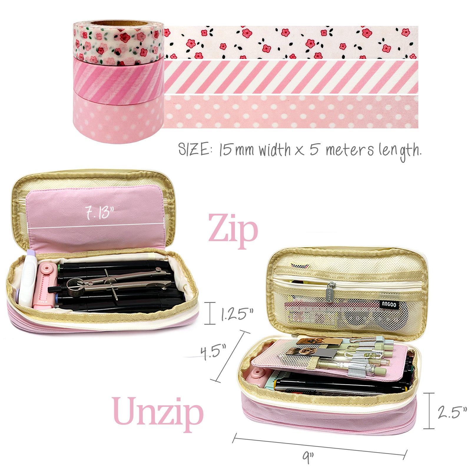 Wrapables Large Capacity Pencil Case, Expandable Pencil Pouch with 3 Washi Rolls