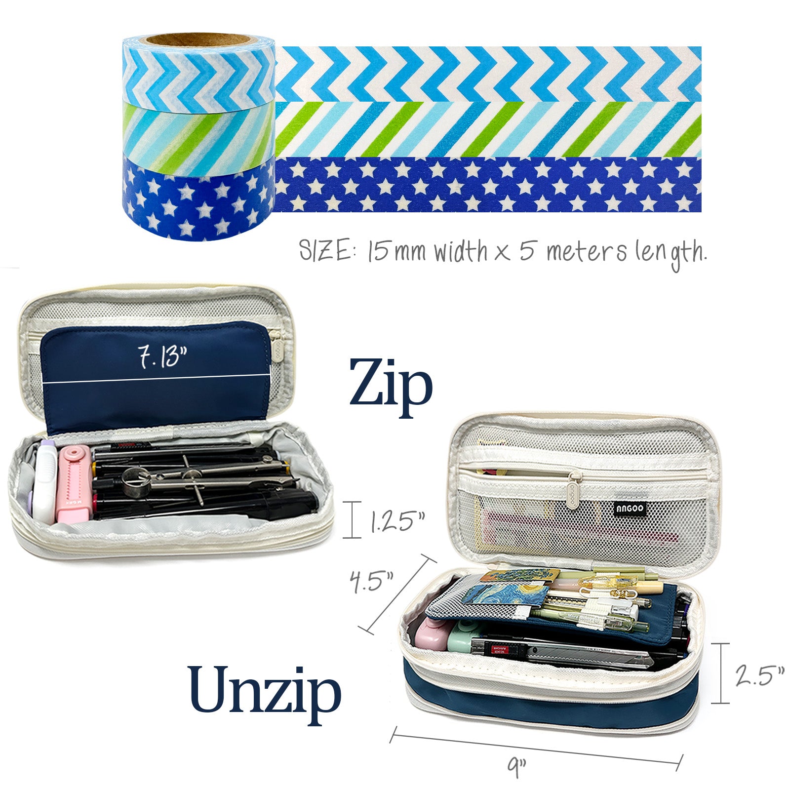 Wrapables Large Capacity Pencil Case, Expandable Pencil Pouch with 3 Washi Rolls