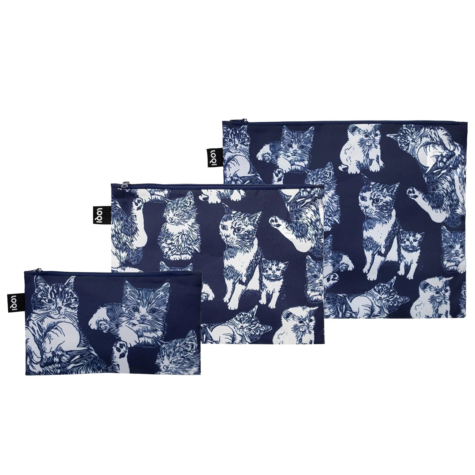 LOQI RED POPPY BEE Cats Recycled Zip Pockets, Travel Pouches