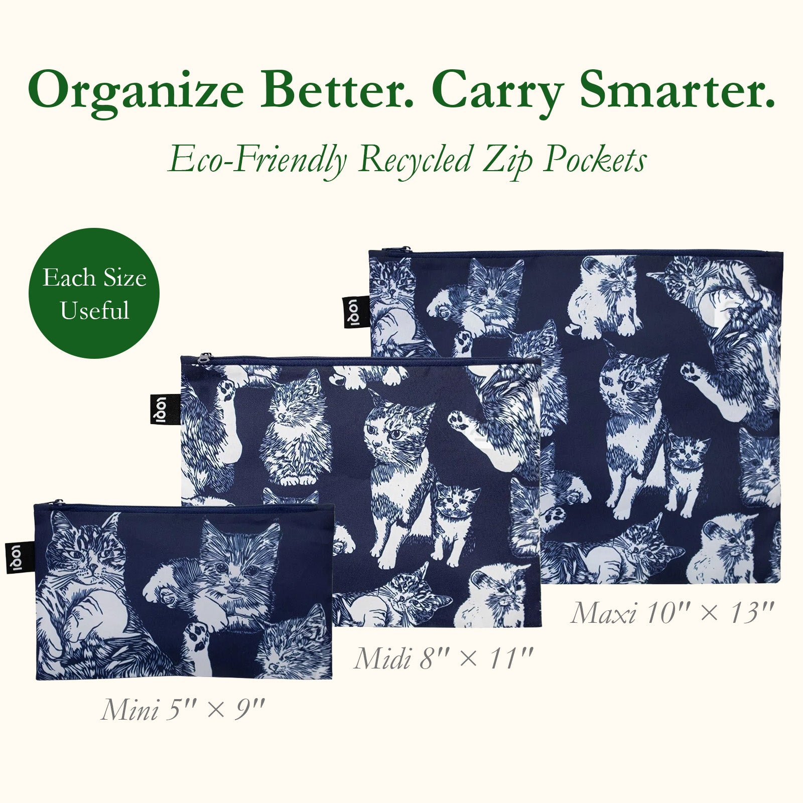 LOQI RED POPPY BEE Cats Recycled Zip Pockets, Travel Pouches